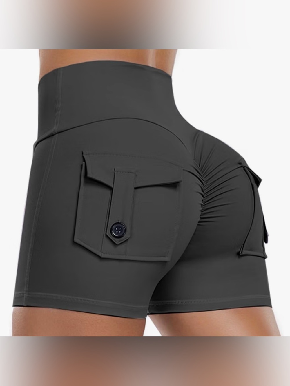 High-Waist Charcoal Scrunch Back Bike Shorts with Cargo Pockets